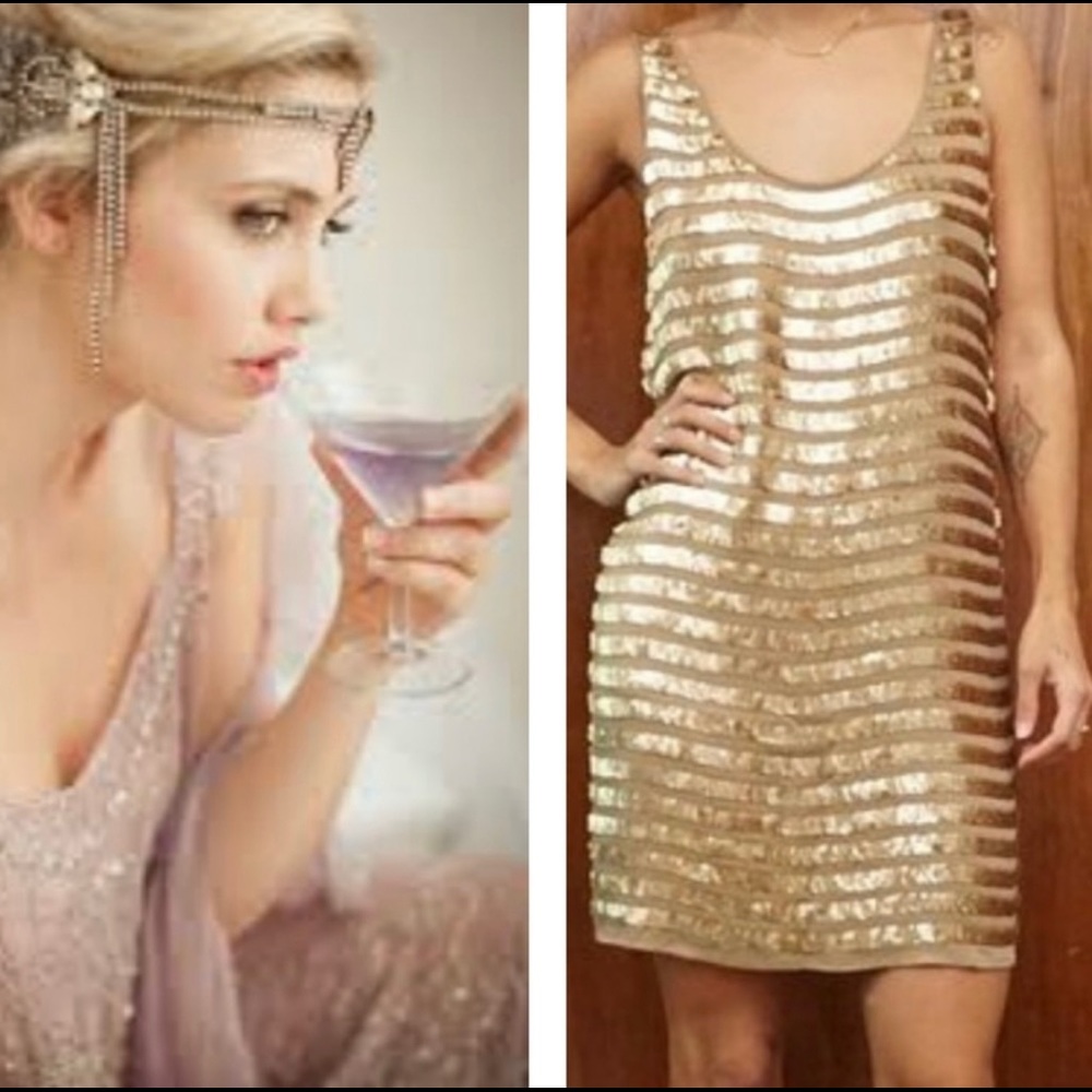 French Connection Gold Sequin Flapper Gatsby Dress - image 1